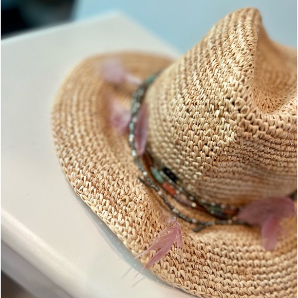 Ale by Alessandra Arabella Raffia Feather Beaded Cowboy Hat UPF 40 Tan One Size - Picture 3 of 11